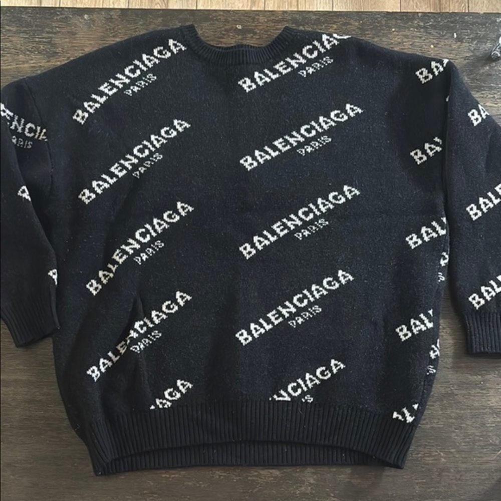 Balenciaga Black and White Crewneck Sweater with Logo Pattern